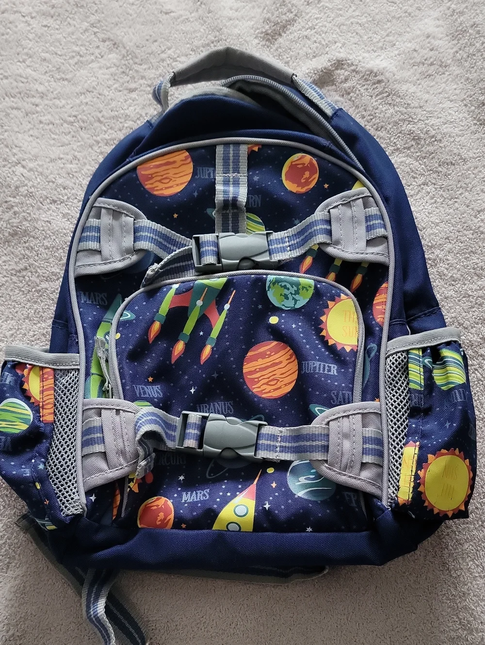 Pottery Barn Kids Navy Space Backpack with Colorful Planet and Rocket Print